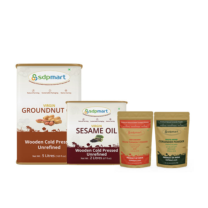 COMBO 4 - SDPMart Premium  Virgin Oil  & Spice (Groundnut 5L + Sesame  2L + Turmeric 250G + coriander 250G) - SDPMart